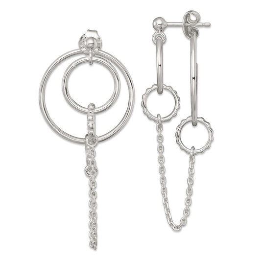 Sterling Silver Polished and Textured Multi Circle and Chain Dangle Post Earrings