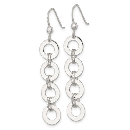 Sterling Silver Polished and Textured Four Circles Dangle Shepherd Hook Earrings