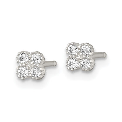 Sterling Silver Polished Textured White CZ 4.3mm Quatrefoil Post Earrings