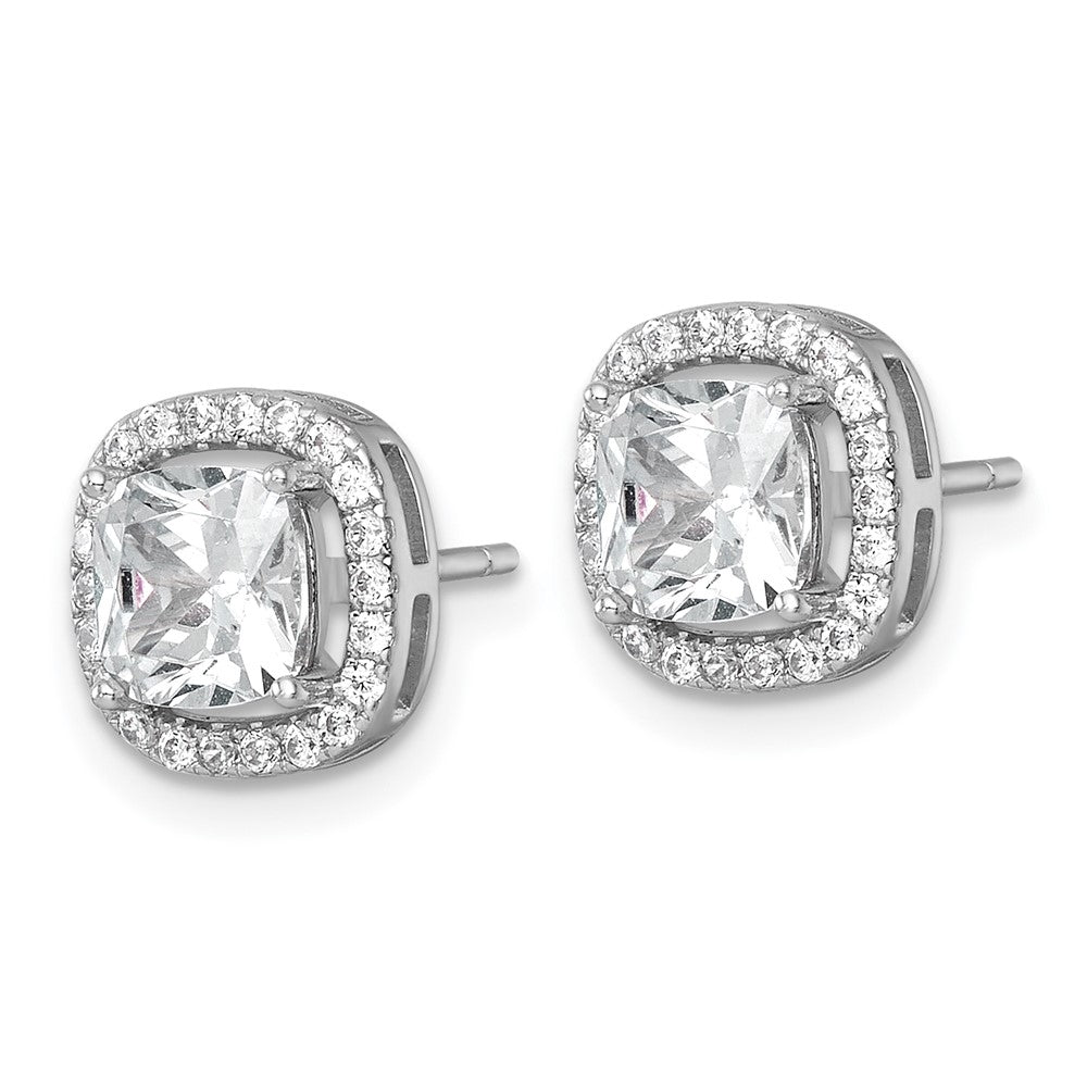 Sterling Silver Rhodium-plated Polished 10.0mm Cushion CZ Halo Post Earrings