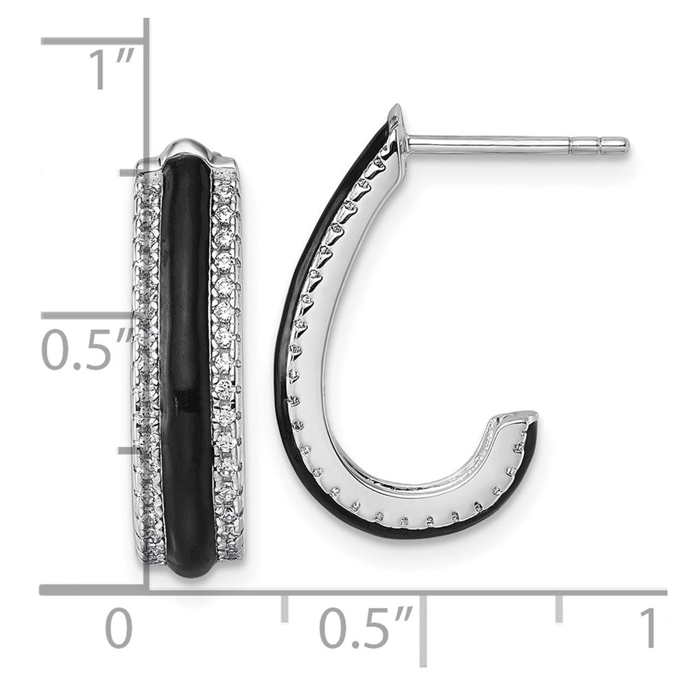 Sterling Silver Rhodium-plated CZ with Black Enamel J-Hoop Post Earrings