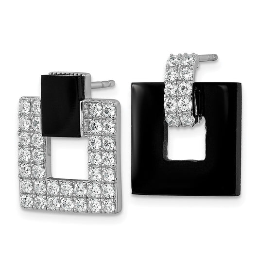 Sterling Silver Rhodium-plated Polished CZ and Black Agate Square Dangle Mis-Matched Post Earrings