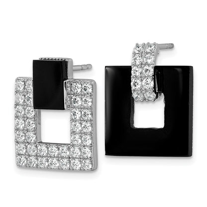 Sterling Silver Rhodium-plated Polished CZ  and Black Agate Square Dangle Mis-Matched Post Earrings