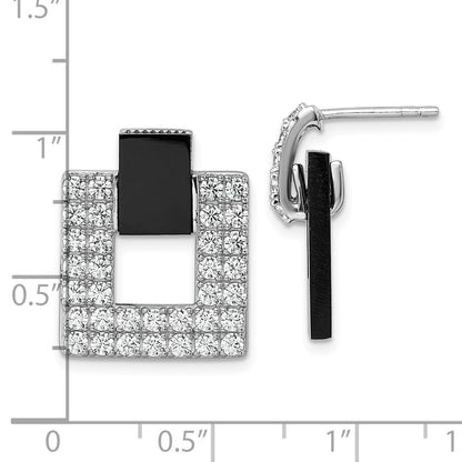 Sterling Silver Rhodium-plated Polished CZ  and Black Agate Square Dangle Mis-Matched Post Earrings