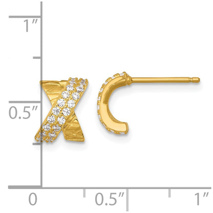 Sterling Silver Gold-tone Polished and Grooved -X- CZ Post Earrings