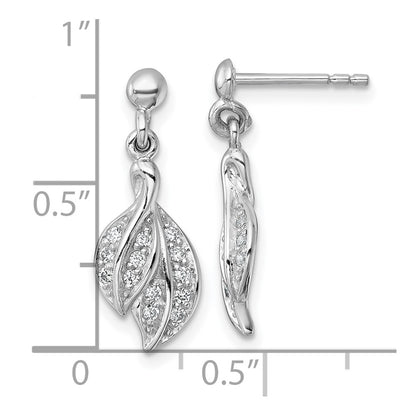 Sterling Silver Rhodium-plated Polished CZ Leaf Dangle Post Earrings