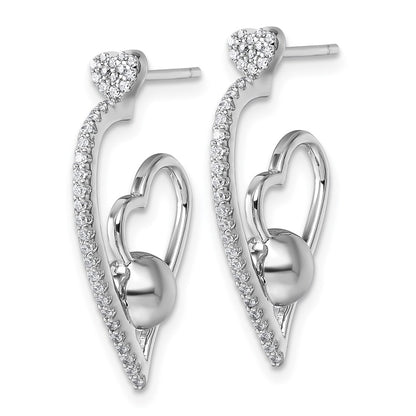 Sterling Silver Rhodium-plated CZ Polished Heart and Bead Post Earrings