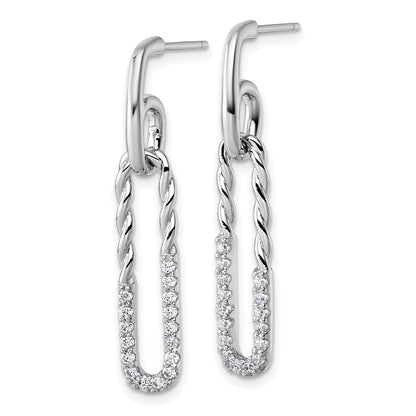 Sterling Silver Rhodium-plated CZ Polished Twisted Paper Clip Dangle Post Earrings