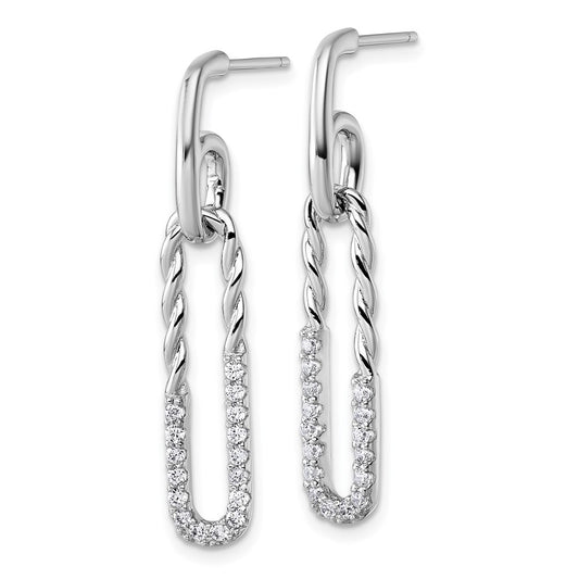 Sterling Silver Rhodium-plated CZ Polished Twisted Paper Clip Dangle Post Earrings