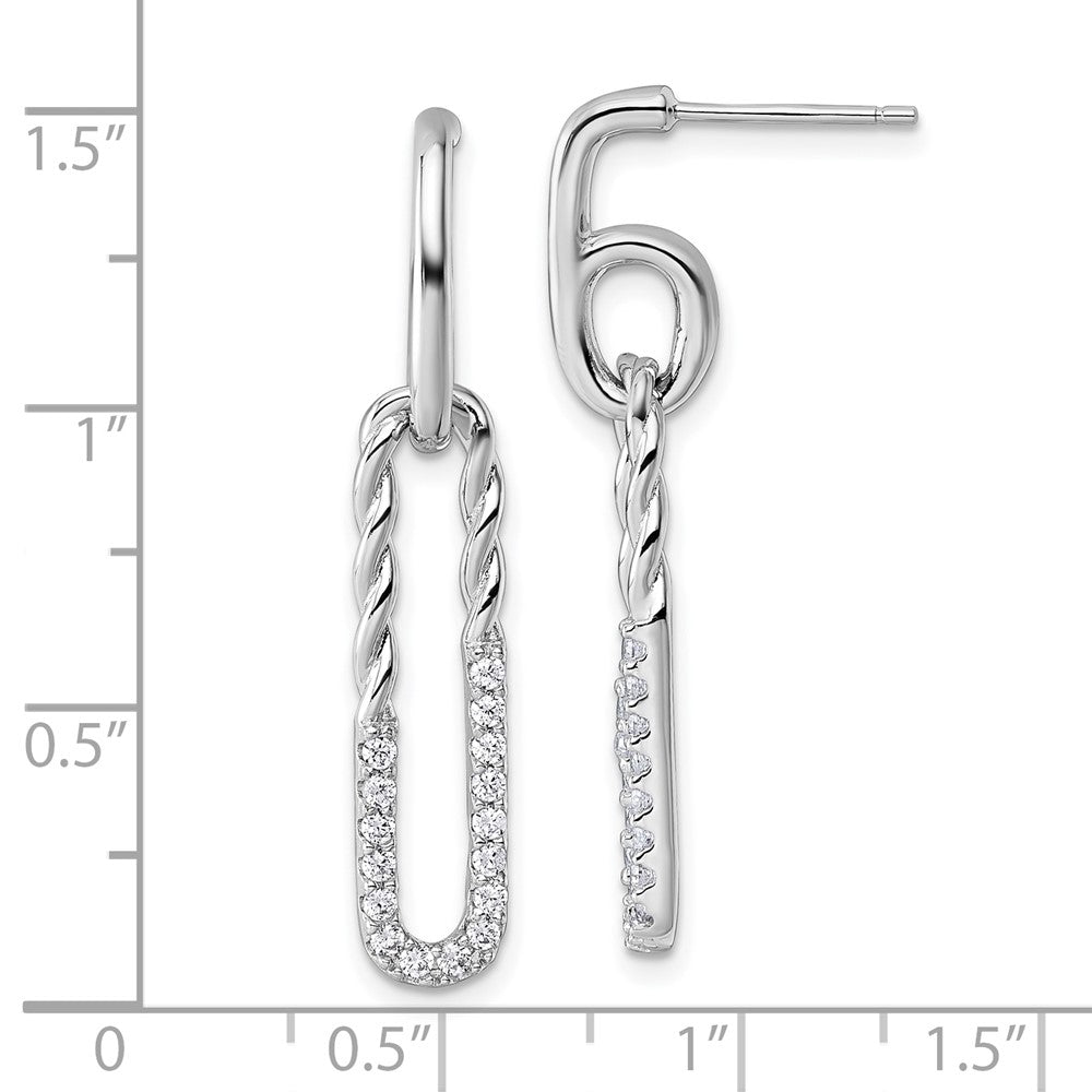 Sterling Silver Rhodium-plated CZ Polished Twisted Paper Clip Dangle Post Earrings