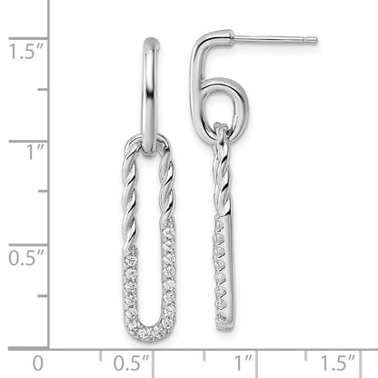 Sterling Silver Rhodium-plated CZ Polished Twisted Paper Clip Dangle Post Earrings