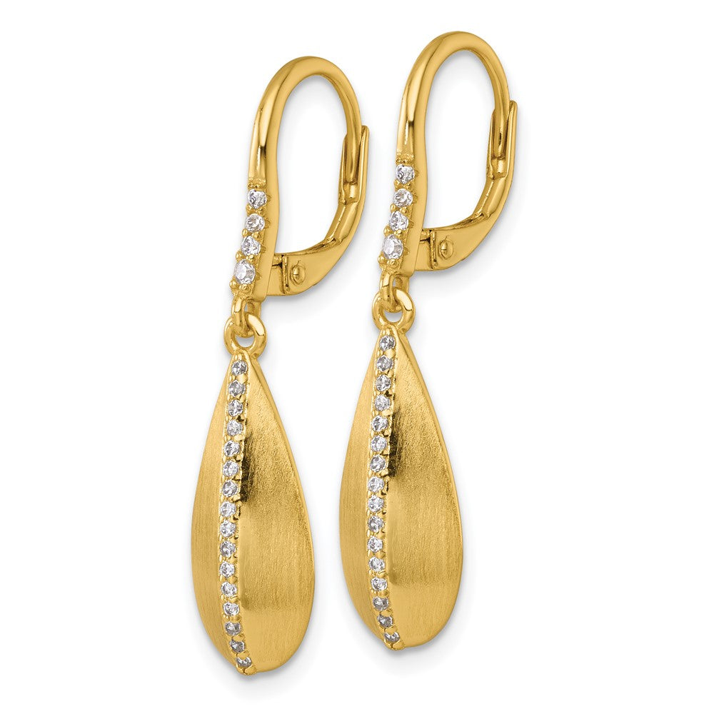 Sterling Silver Gold-tone Polished and Brushed CZ Teardrop Leverback Dangle Earrings