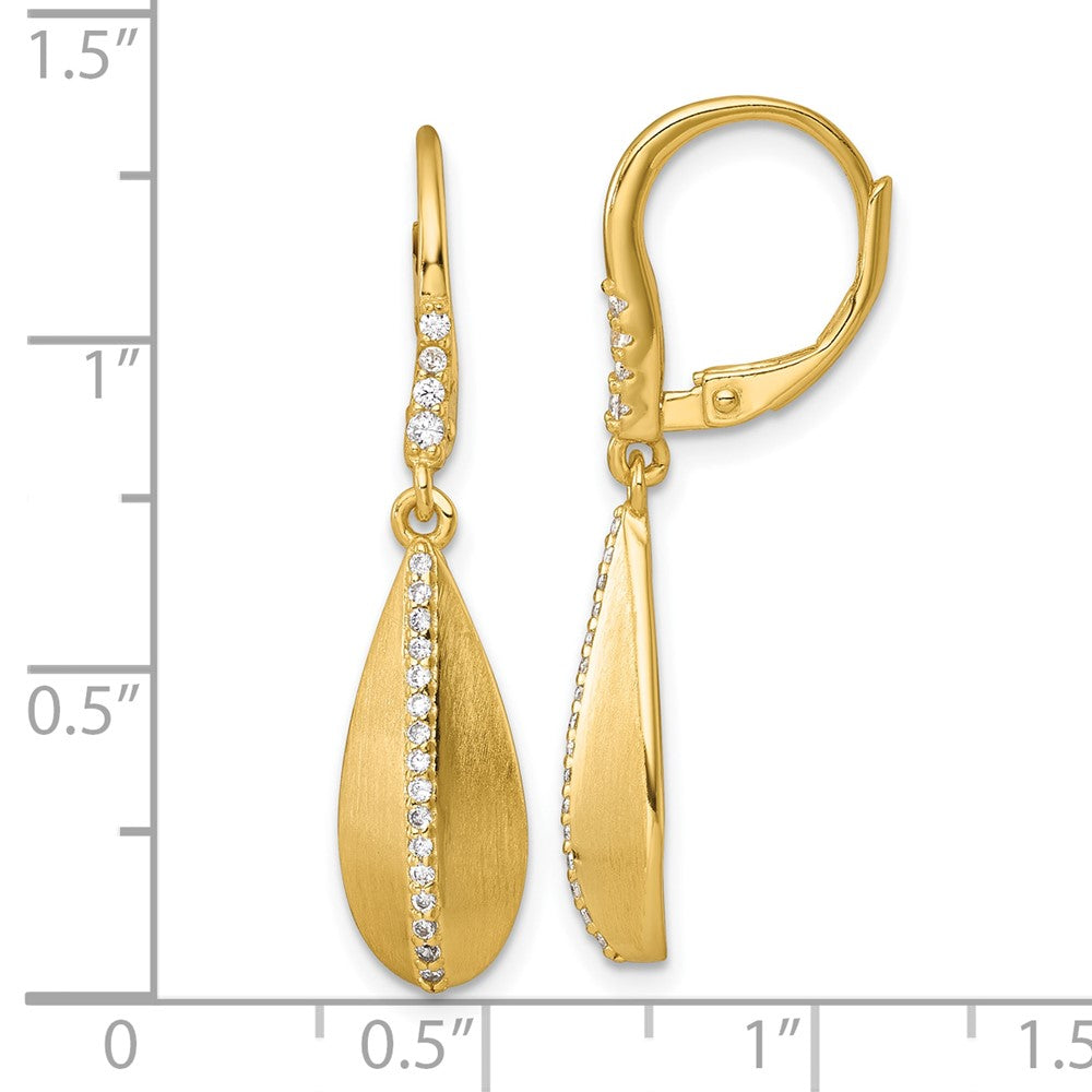 Sterling Silver Gold-tone Polished and Brushed CZ Teardrop Leverback Dangle Earrings