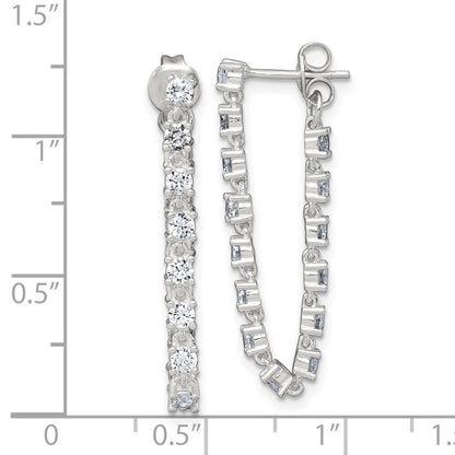 Sterling Silver Polished CZ Line Front and Back Post Dangle Earrings
