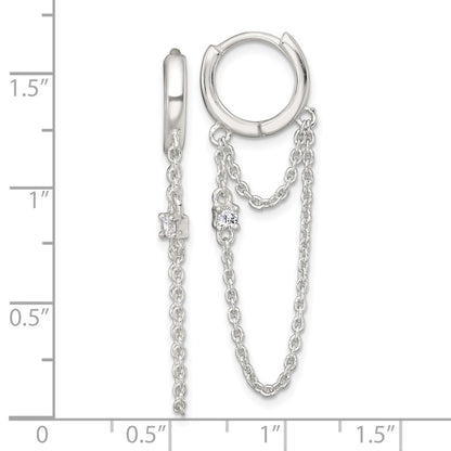 Sterling Silver Polished White CZ Dangling Chain Round Hinged Hoop Earrings