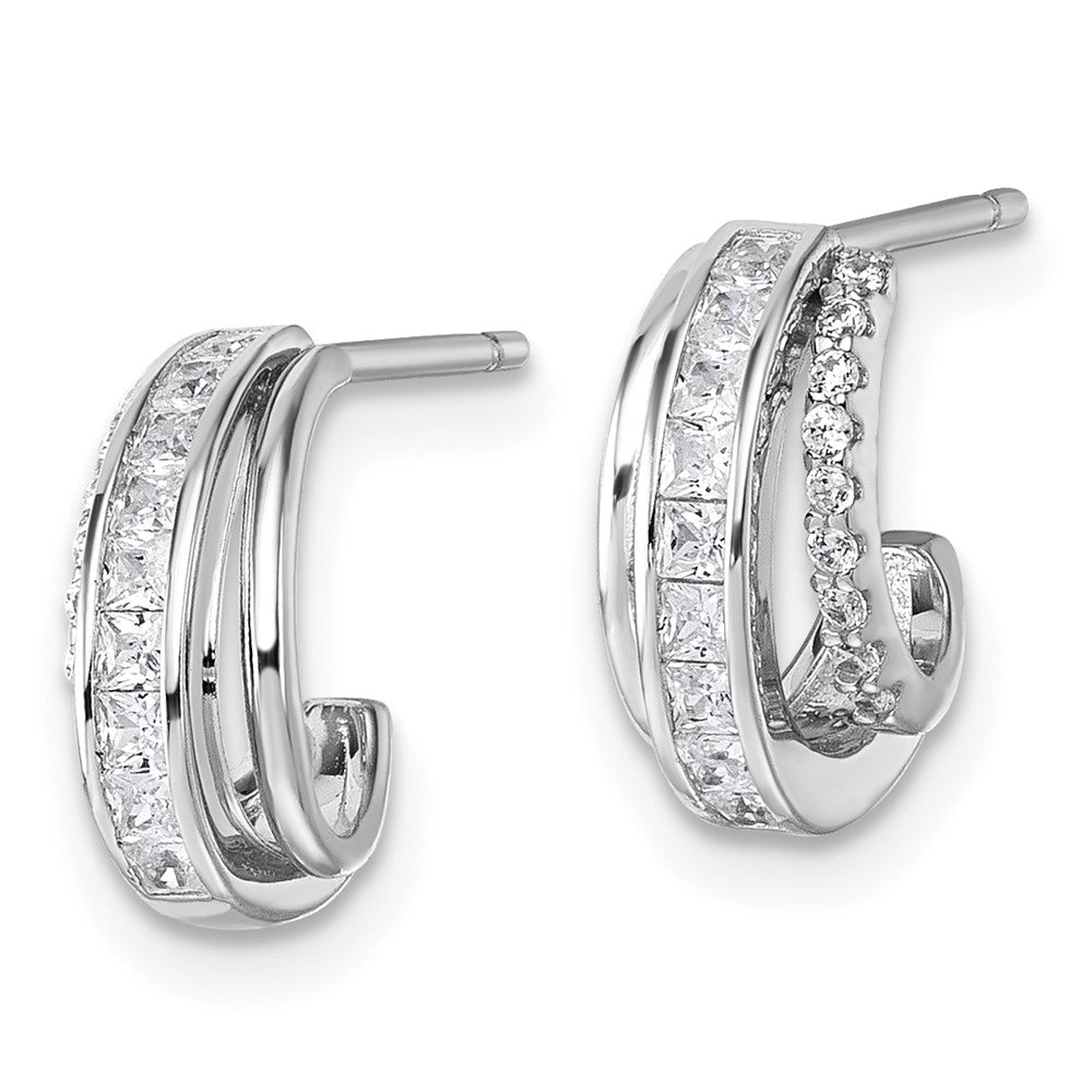 Sterling Silver Rhodium-plated CZ 3-Row Polished J-Hoop Post Earrings