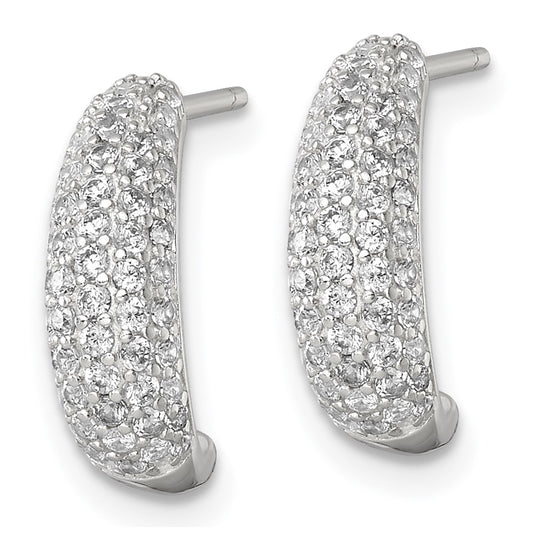 Sterling Silver Polished Pave CZ Post J-Hoop Earrings