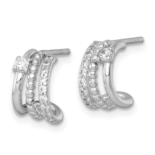 Sterling Silver Rhodium-plated Polished Beaded CZ Post C-Hoop Earrings