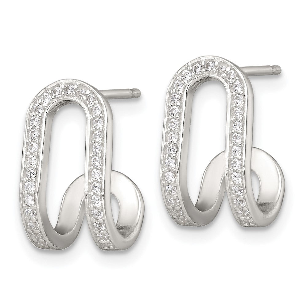 Sterling Silver Polished White CZ Curved J-Hoop Post Earrings