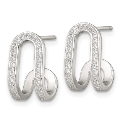 Sterling Silver Polished White CZ Curved J-Hoop Post Earrings