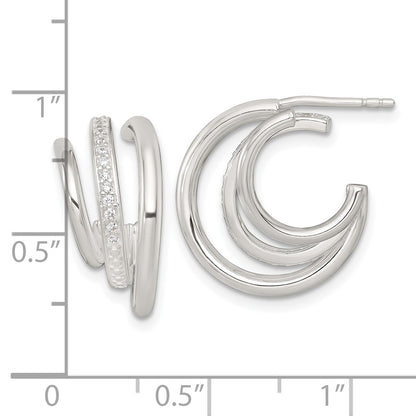 Sterling Silver Polished CZ 3-Row C-Hoop Post Earrings