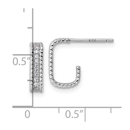 Sterling Silver Rhodium-plated CZ Rope Edge Rectangle J-Hoop Post Earrings