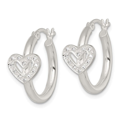 Sterling Silver Polished CZ Heart Round Hoop Earrings