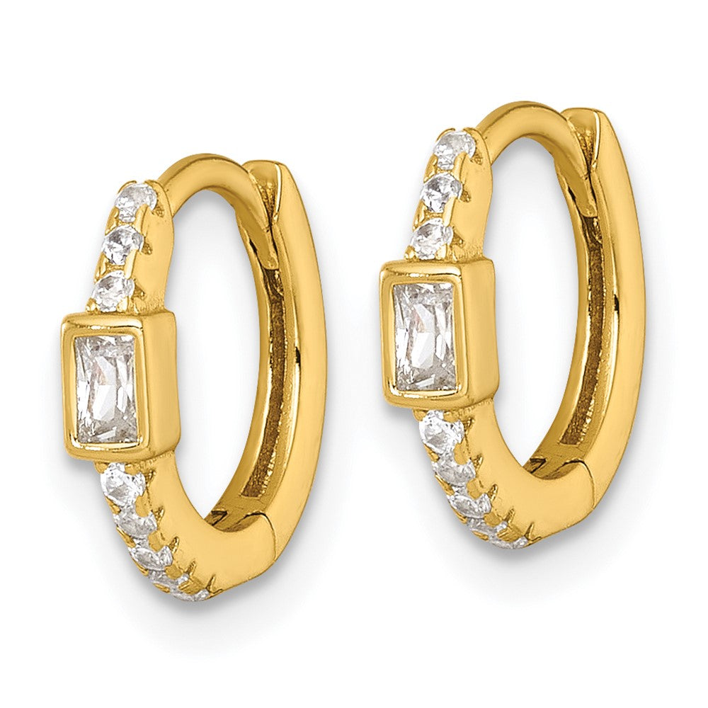 Sterling Silver Gold-tone Polished Round and Emerald-cut CZ Round Hinged Hoop Earrings