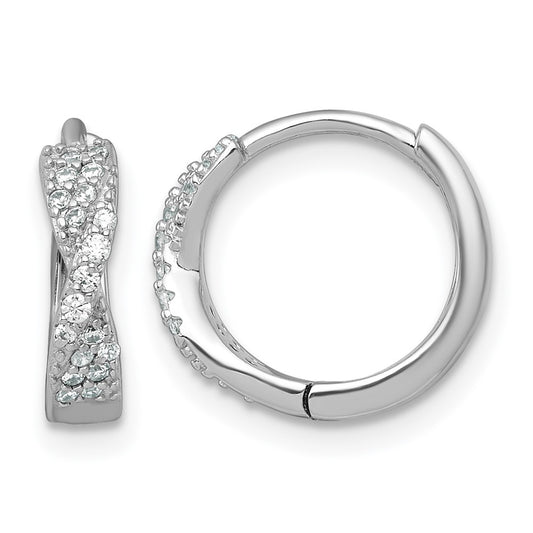 Sterling Silver Rhodium-plated Polished CZ -X- Round Hinged Hoop Earrings