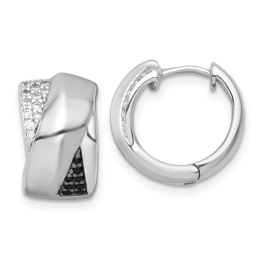 Sterling Silver Rhodium-plated Polished Black and White CZ Round Hinged Hoop Earrings