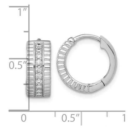 Sterling Silver Rhodium-plated Polished and Grooved CZ 6.2mm Hinged Hoop Earrings