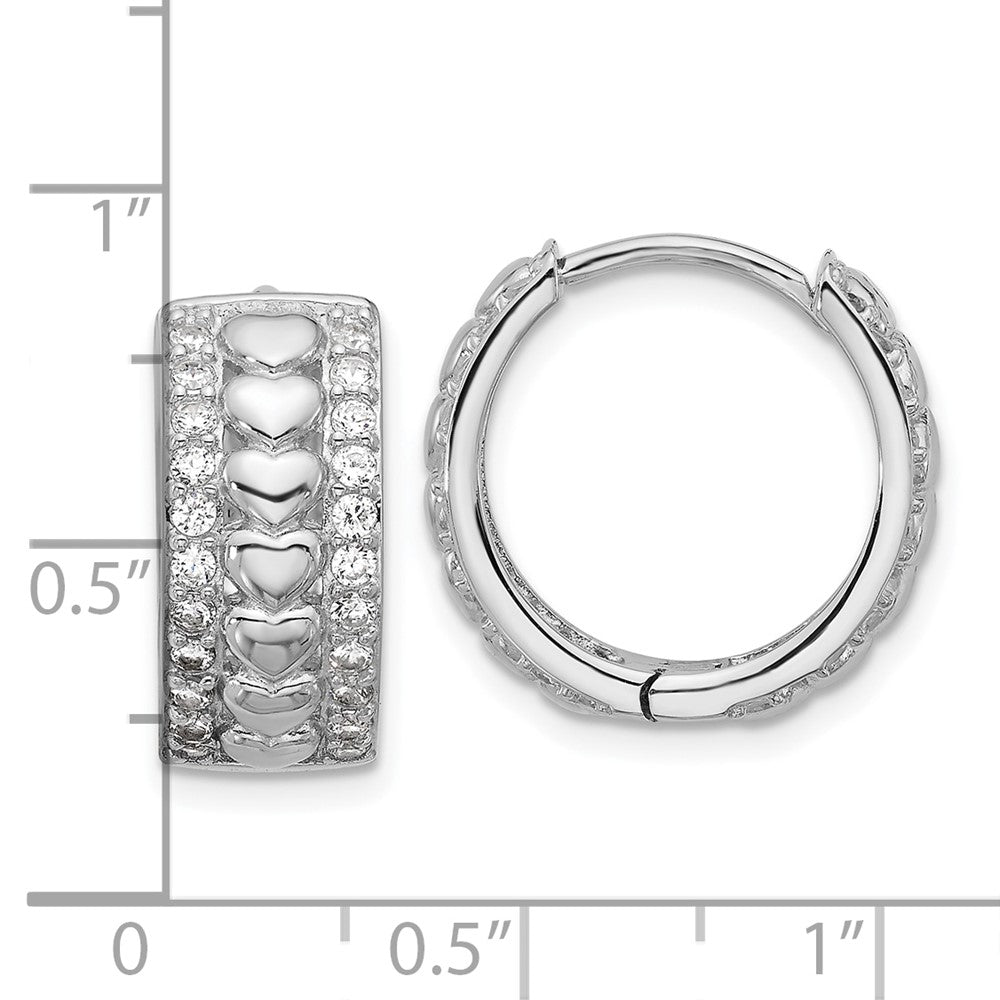 Sterling Silver Rhodium-plated CZ Polished Hearts Hinged Hoop Earrings