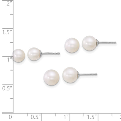 Sterling Silver Rhodium-plated 5-6mm/6-7mm/7-8mm Round White Freshwater Cultured Pearl Post Earring Set