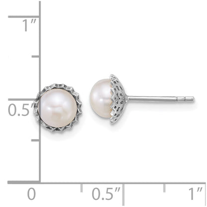 Sterling Silver Rhodium-plated 6-7mm Button White Freshwater Cultured Pearl Zig-Zag Edge Post Earrings