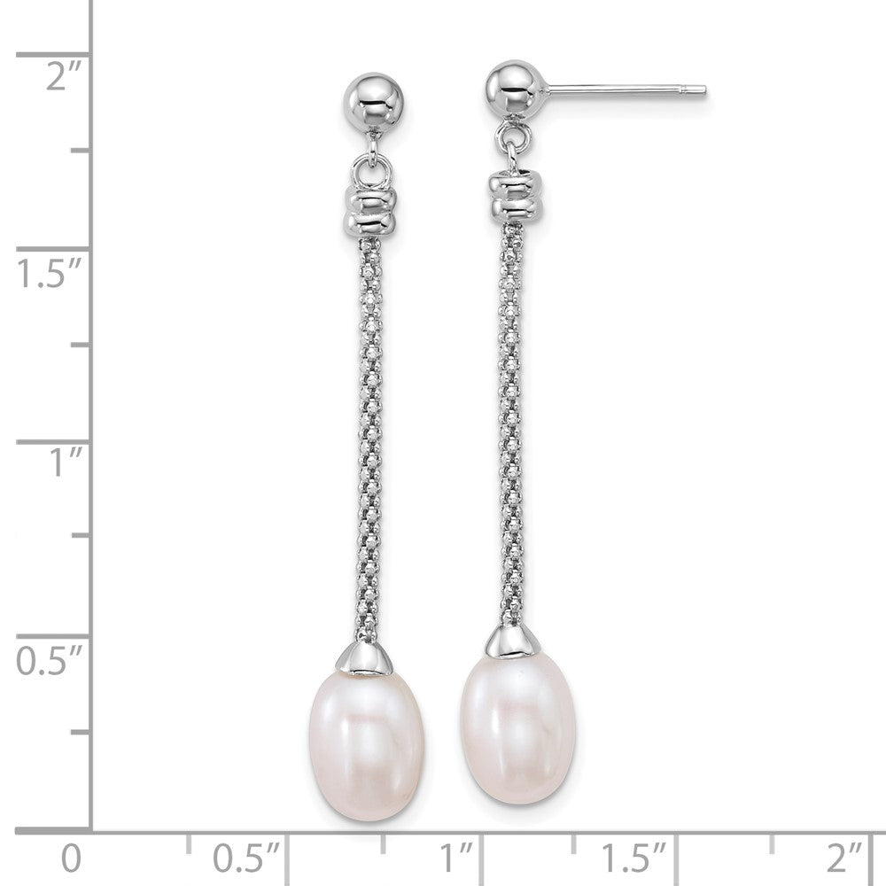Sterling Silver Rhodium-plated 7-8mm Rice White Freshwater Cultured Pearl and Chain Dangle Post Earrings