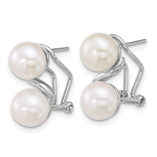 Sterling Silver Rhodium-plated 7-8mm Button White Freshwater Cultured 2-Pearl Omega Back Earrings