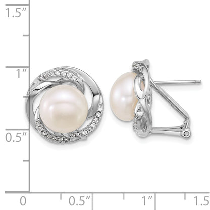Sterling Silver Rhodium-plated 9-10mm Button White Freshwater Cultured Pearl and CZ Omega Back Earrings