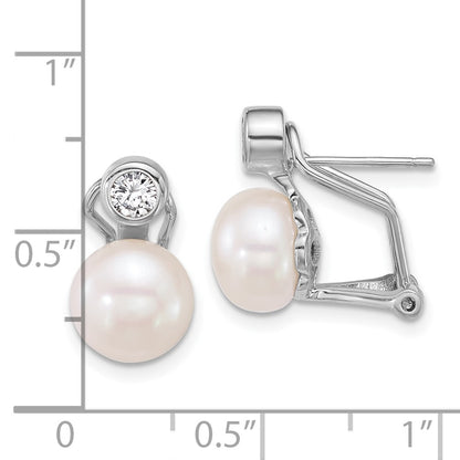 Sterling Silver Rhodium-plated 8-9mm Button White Freshwater Cultured Pearl and CZ Omega Back Earrings