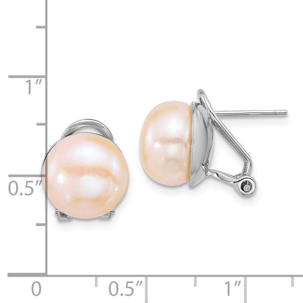 Sterling Silver Rhodium-plated 11-12mm Button Pink Freshwater Cultured Pearl Omega Back Earrings