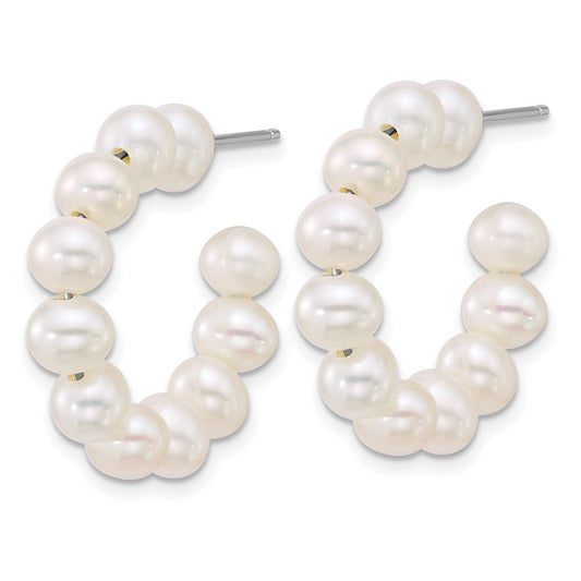 Sterling Silver Rhodium-plated 5-6mm Semi-Round White Freshwater Cultured Pearl C-Hoop Post Earrings