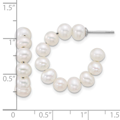Sterling Silver Rhodium-plated 5-6mm Semi-Round White Freshwater Cultured Pearl C-Hoop Post Earrings