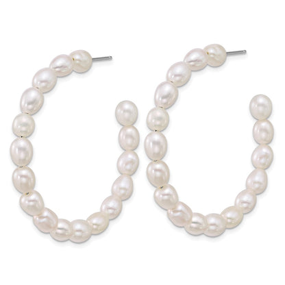 Sterling Silver Rhodium-plated 5-6mm Rice White Freshwater Cultured Pearl C-Hoop Post Earrings