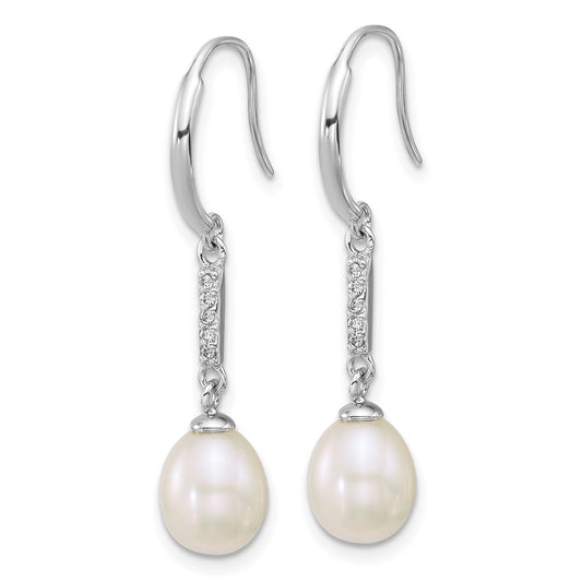 Sterling Silver Rhodium-plated 6-8mm Teardrop White Freshwater Cultured Pearl and CZ Dangle Shepherd Hook Earrings