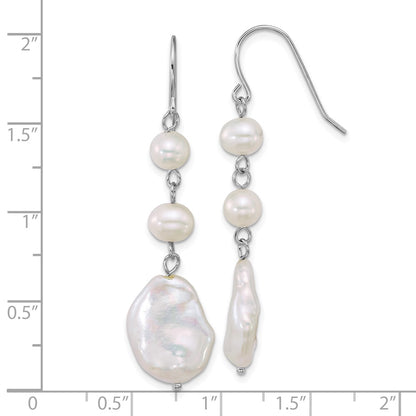 Sterling Silver Rhodium-plated 6-7mm Round and 11-12mm Keshi White Freshwater Cultured Pearl Dangle Shepherd Hook Earrings