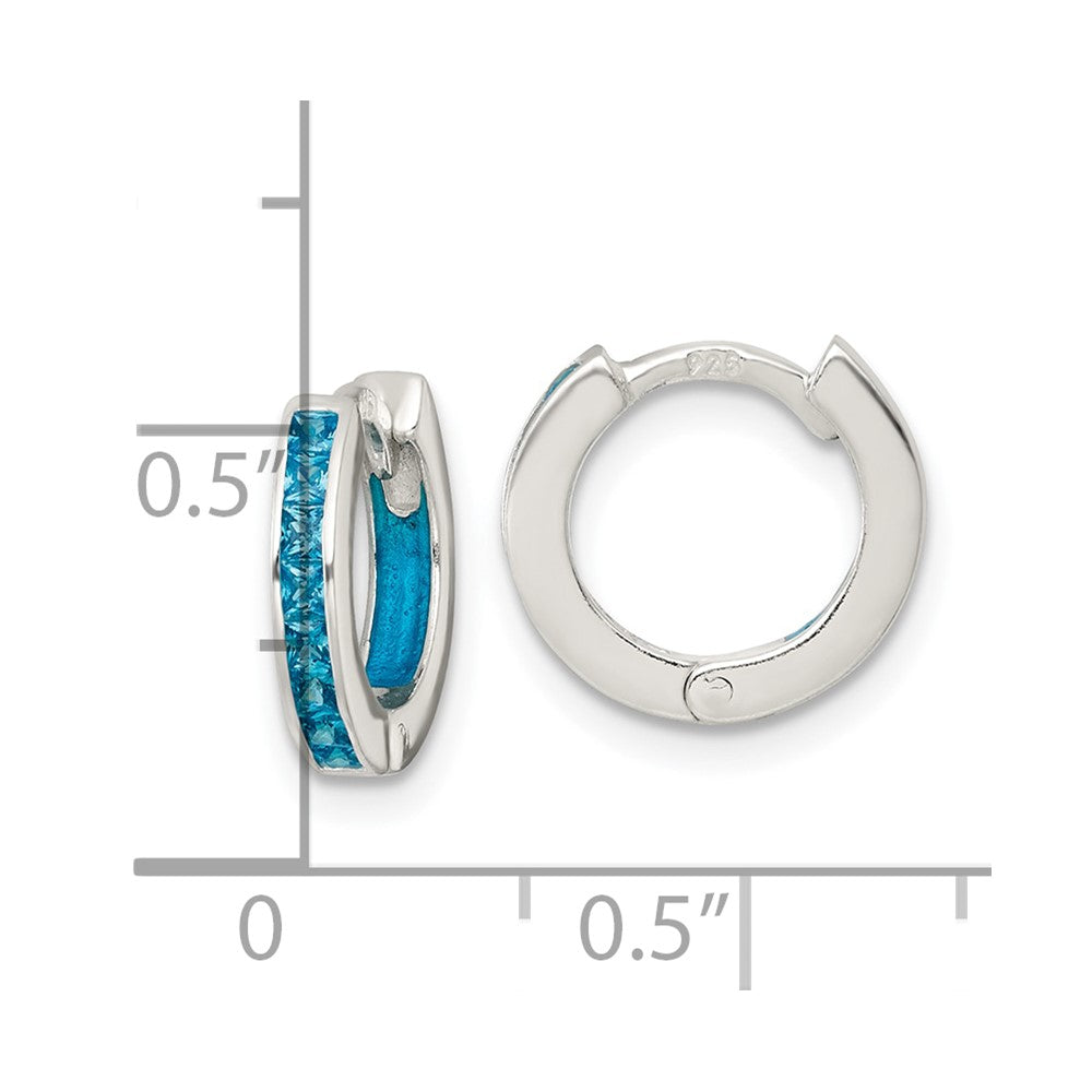 Sterling Silver Polished Blue CZ and Blue Enamel In and Out 13mm Hinged Round Hoop Earrings