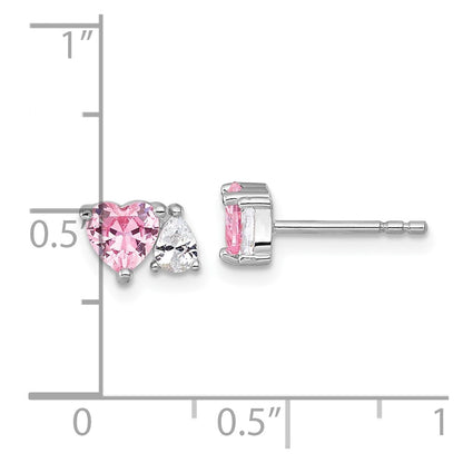 Sterling Silver Rhodium-plated Polished Heart Pink and White Pear CZ Post Earrings