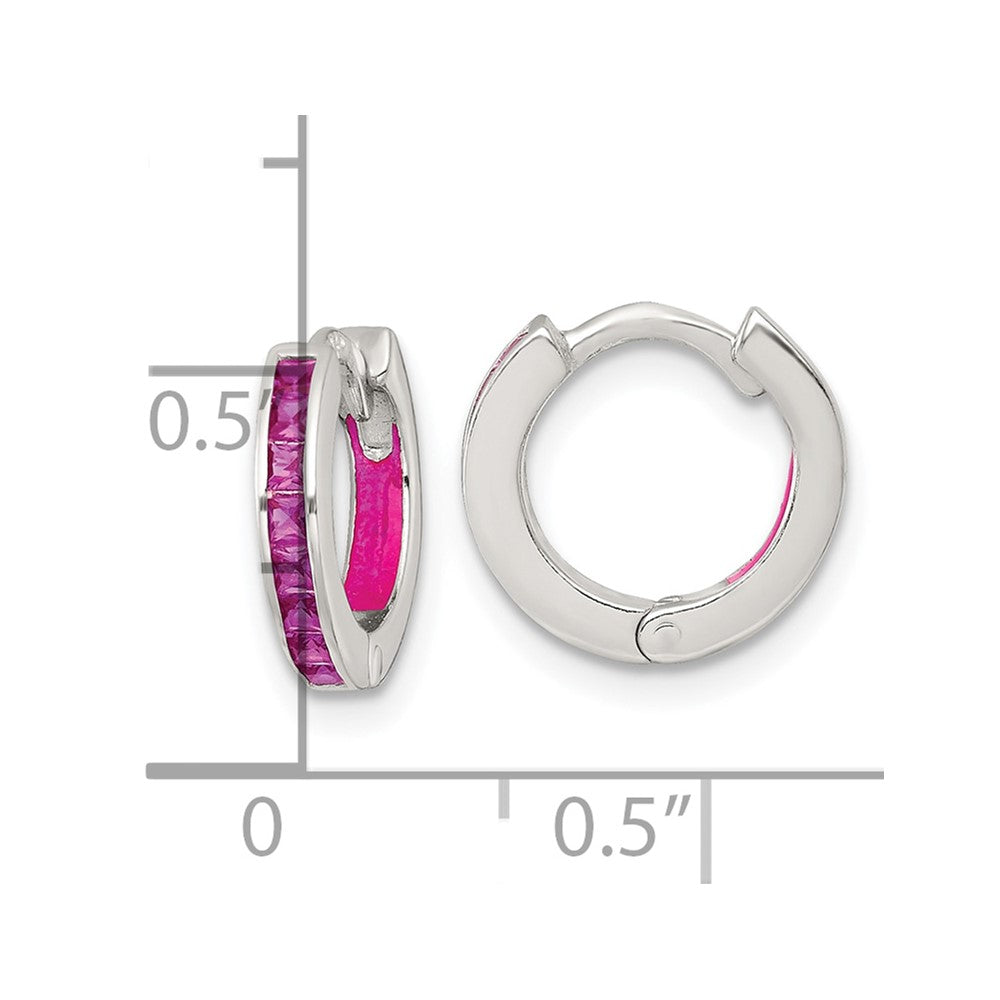 Sterling Silver Polished Pink CZ and Pink Enamel In and Out 13mm Hinged Round Hoop Earrings