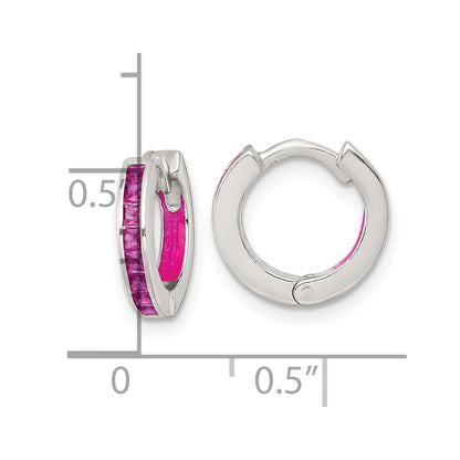 Sterling Silver Polished Pink CZ and Pink Enamel In and Out 13mm Hinged Round Hoop Earrings