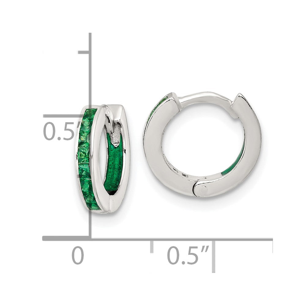 Sterling Silver Polished Green CZ and Green Enamel In and Out 13mm Hinged Round Hoop Earrings