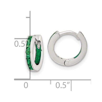 Sterling Silver Polished Green CZ and Green Enamel In and Out 13mm Hinged Round Hoop Earrings